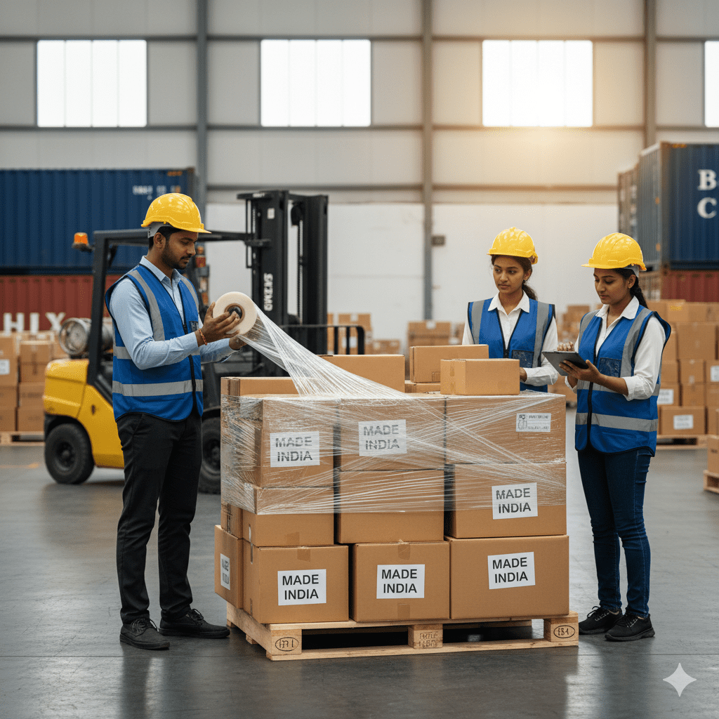 A professional warehouse team palletizing small orders for LCL consolidated shipping from India